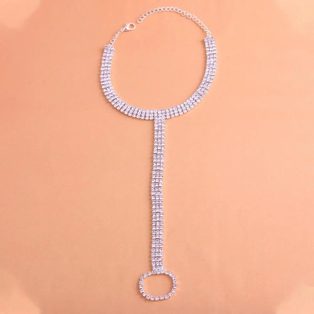 Stretch Ankle Bracelet, Bohemian Rhinestone Toe Ring Jewelry.