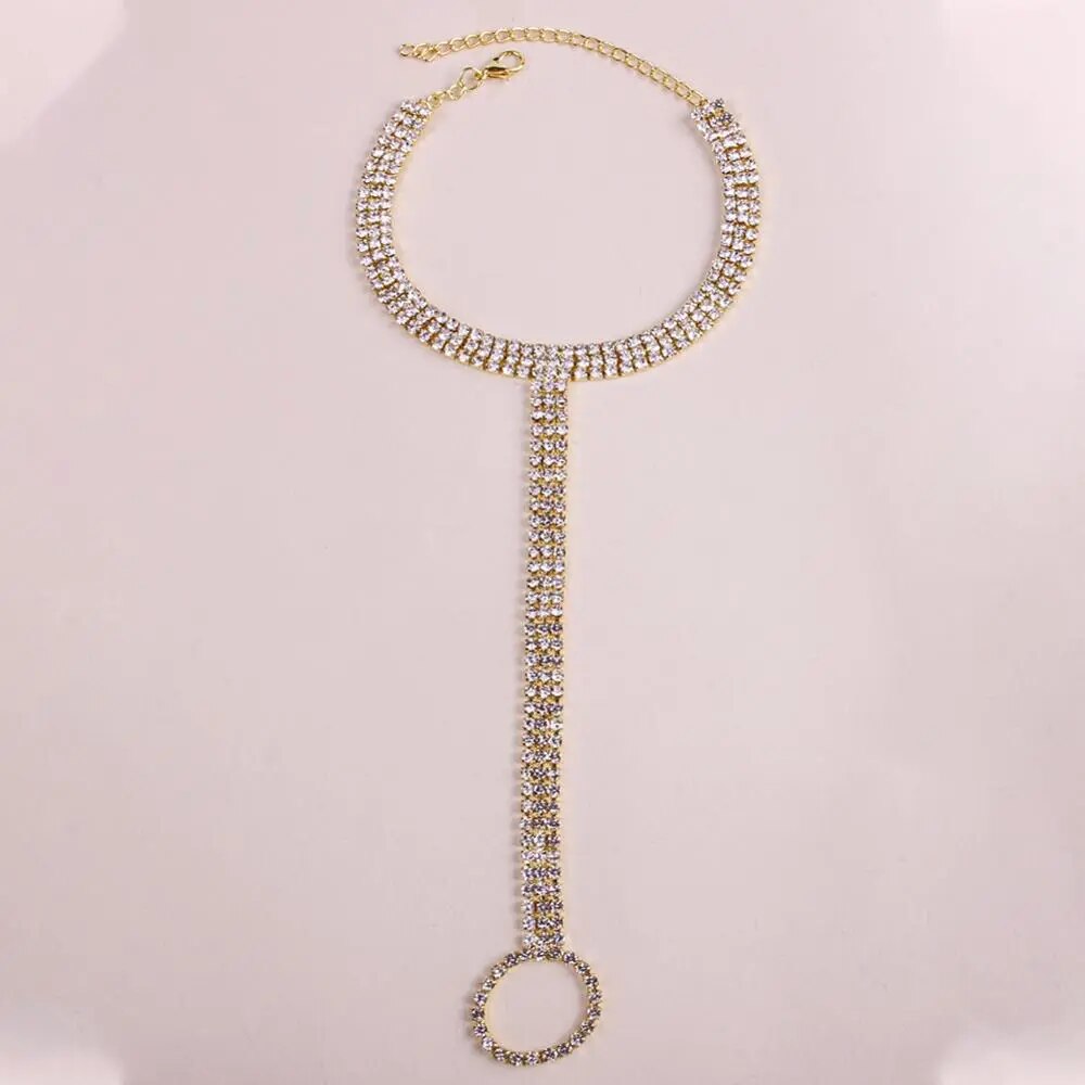 Stretch Ankle Bracelet, Bohemian Rhinestone Toe Ring Jewelry.