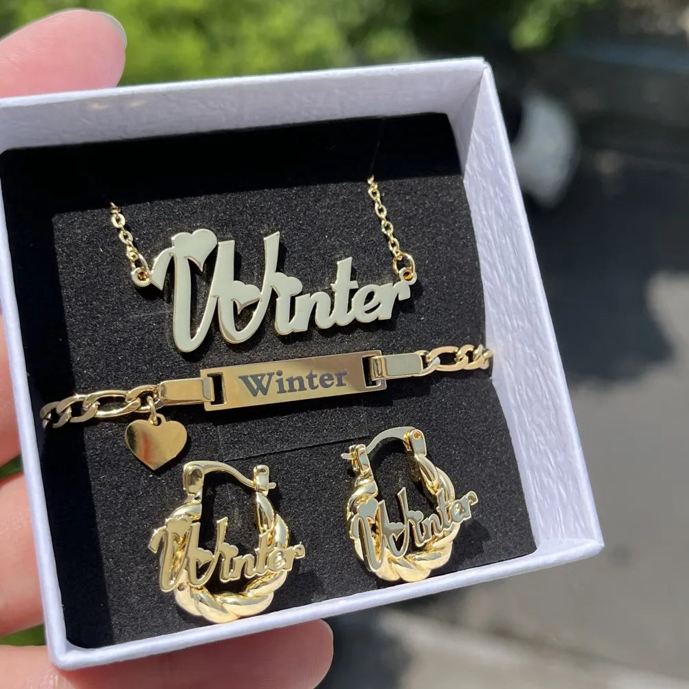 Kids Custom Name Bracelet, Necklace, and Mini-Hoop Earrings
