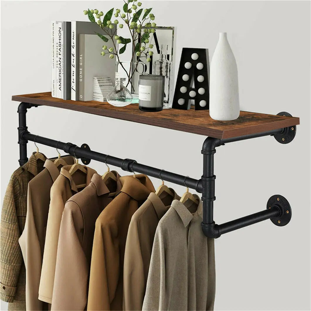 Wall Mounted Industrial Pipe Clothing Rack With Shelf