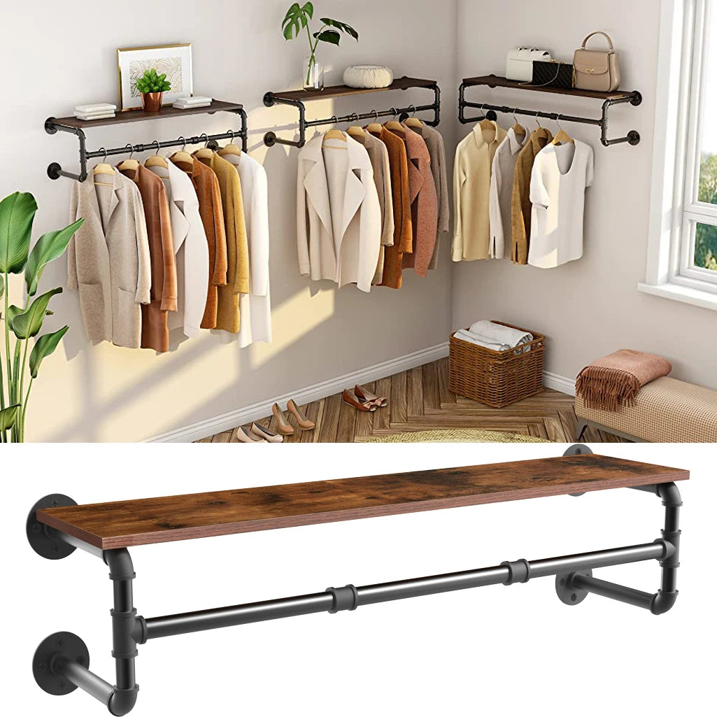 Wall Mounted Industrial Pipe Clothing Rack With Shelf