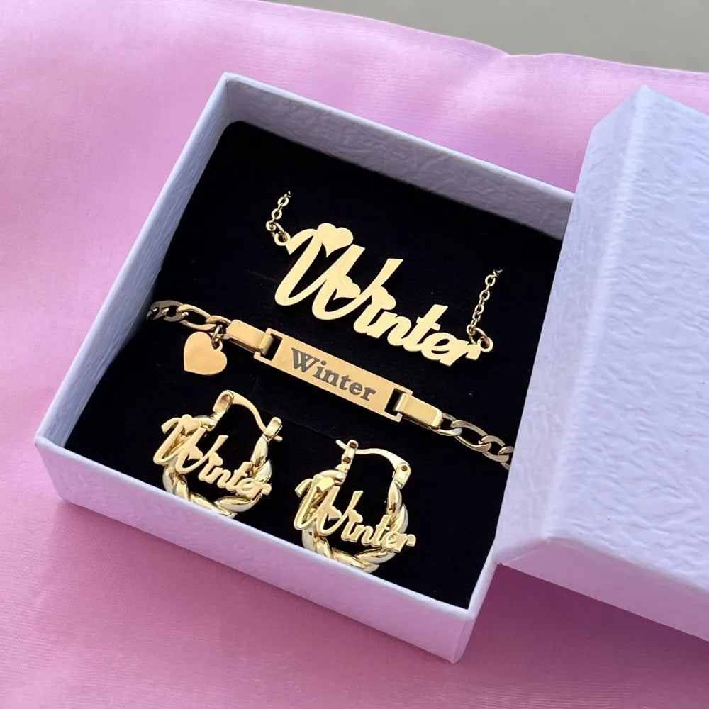 Kids Custom Name Bracelet, Necklace, and Mini-Hoop Earrings