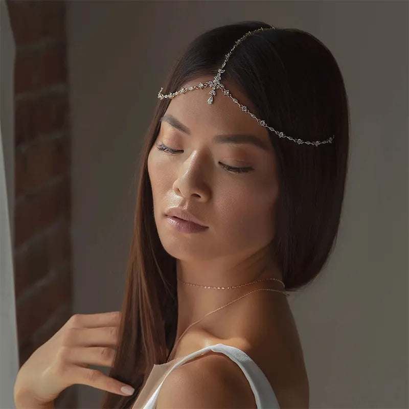 Boho Rhinestone Leaf Forehead Chain