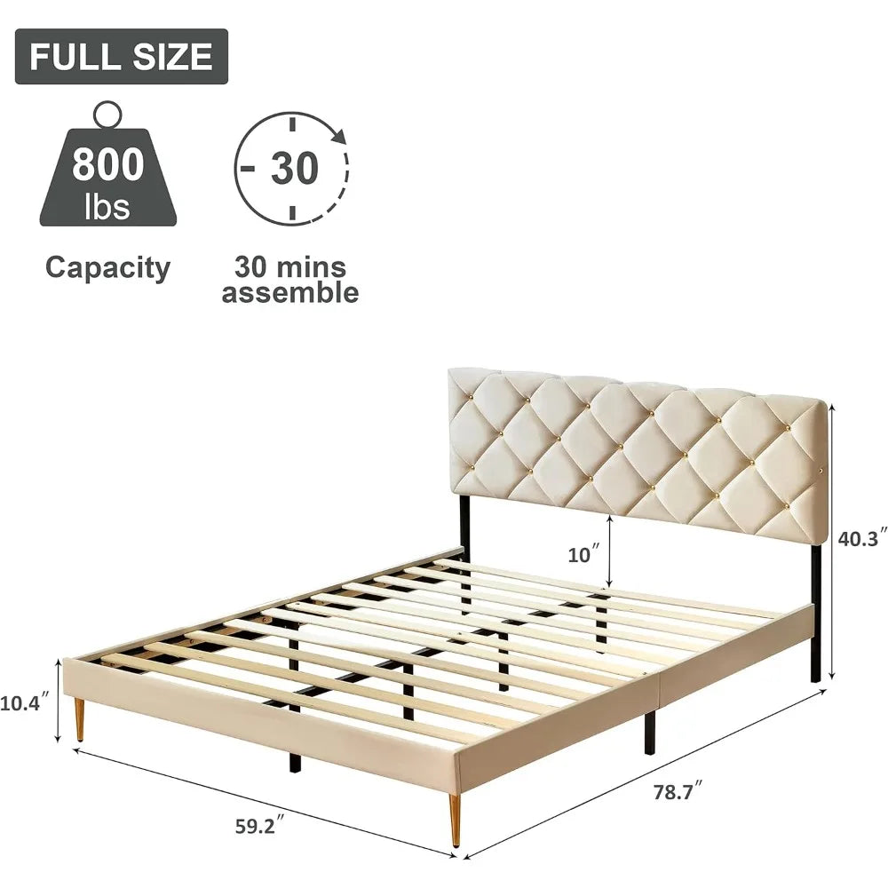 Full-size Bed Frame, Velvet Upholstered Headboard and Wood Slats
