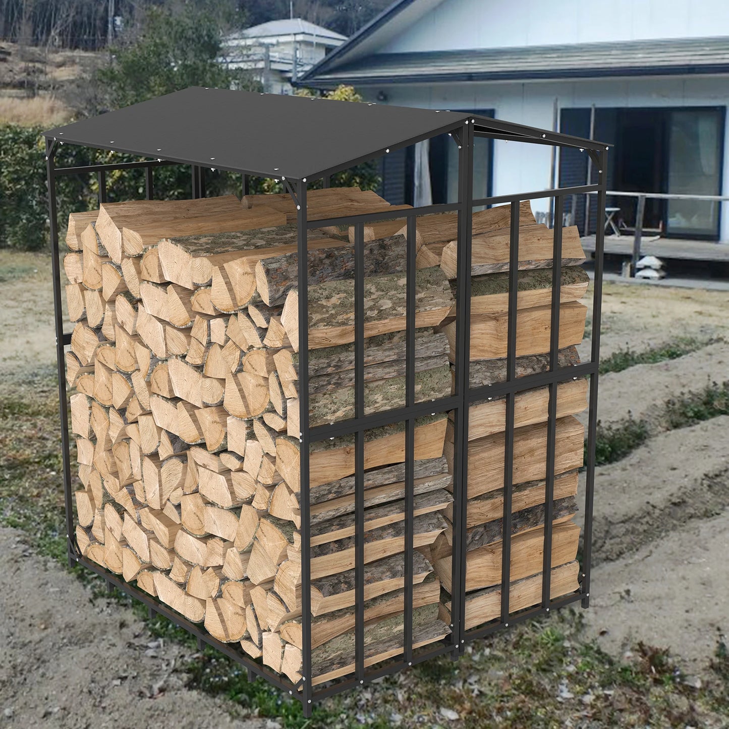Heavy Duty Metal Firewood Rack with Top Cover