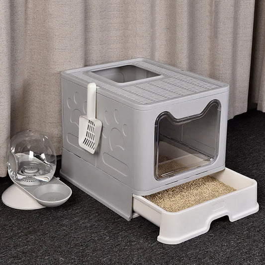 Foldable Front Entry Cat Litter Box with Tray