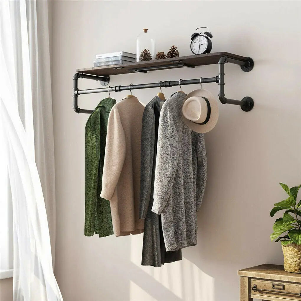 Wall Mounted Industrial Pipe Clothing Rack With Shelf
