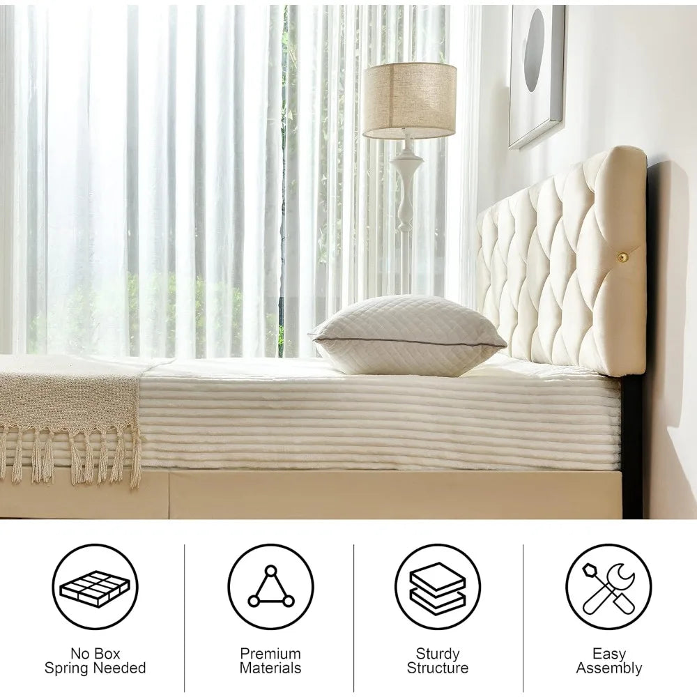 Full-size Bed Frame, Velvet Upholstered Headboard and Wood Slats