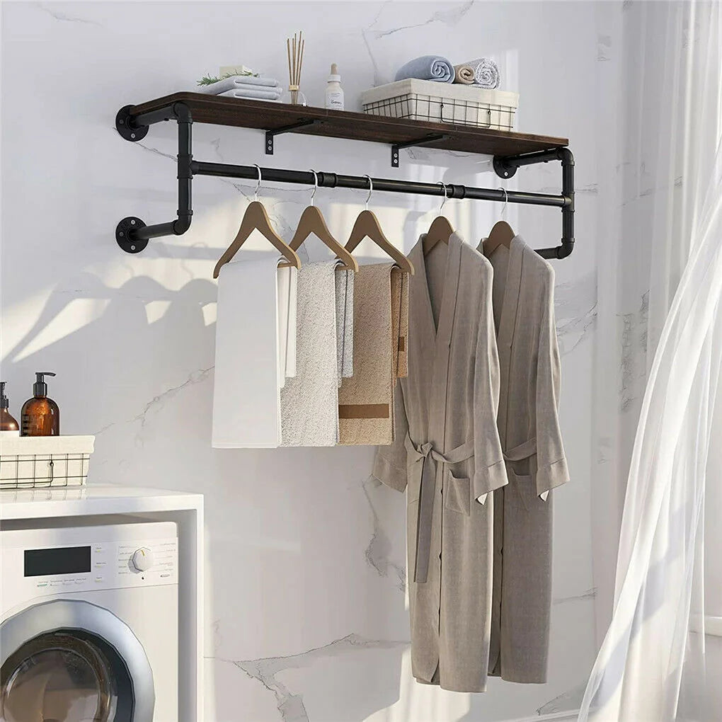 Wall Mounted Industrial Pipe Clothing Rack With Shelf