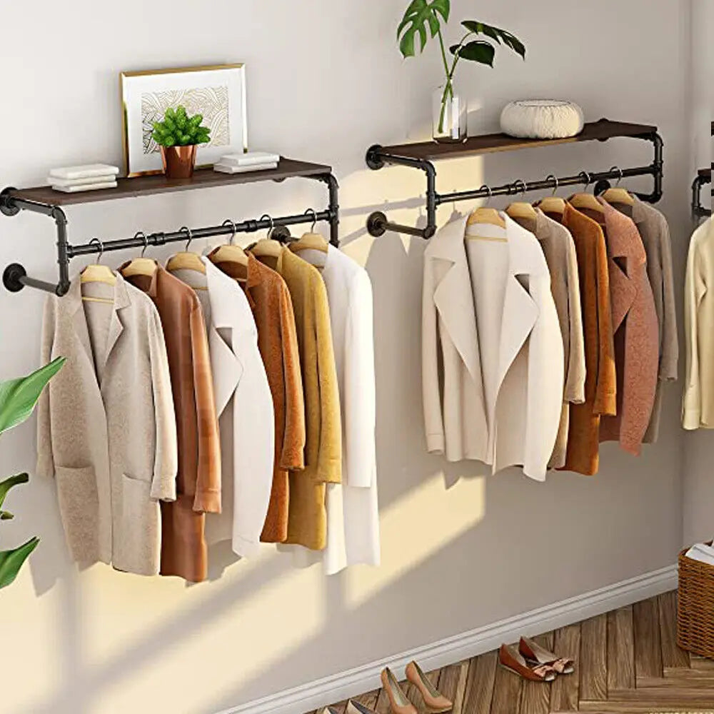 Wall Mounted Industrial Pipe Clothing Rack With Shelf