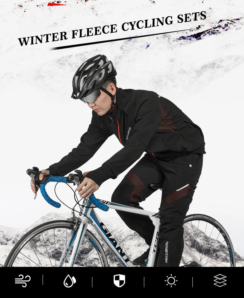 Thermal Fleece Pants, Rainproof, Windproof Reflective Cycling Set