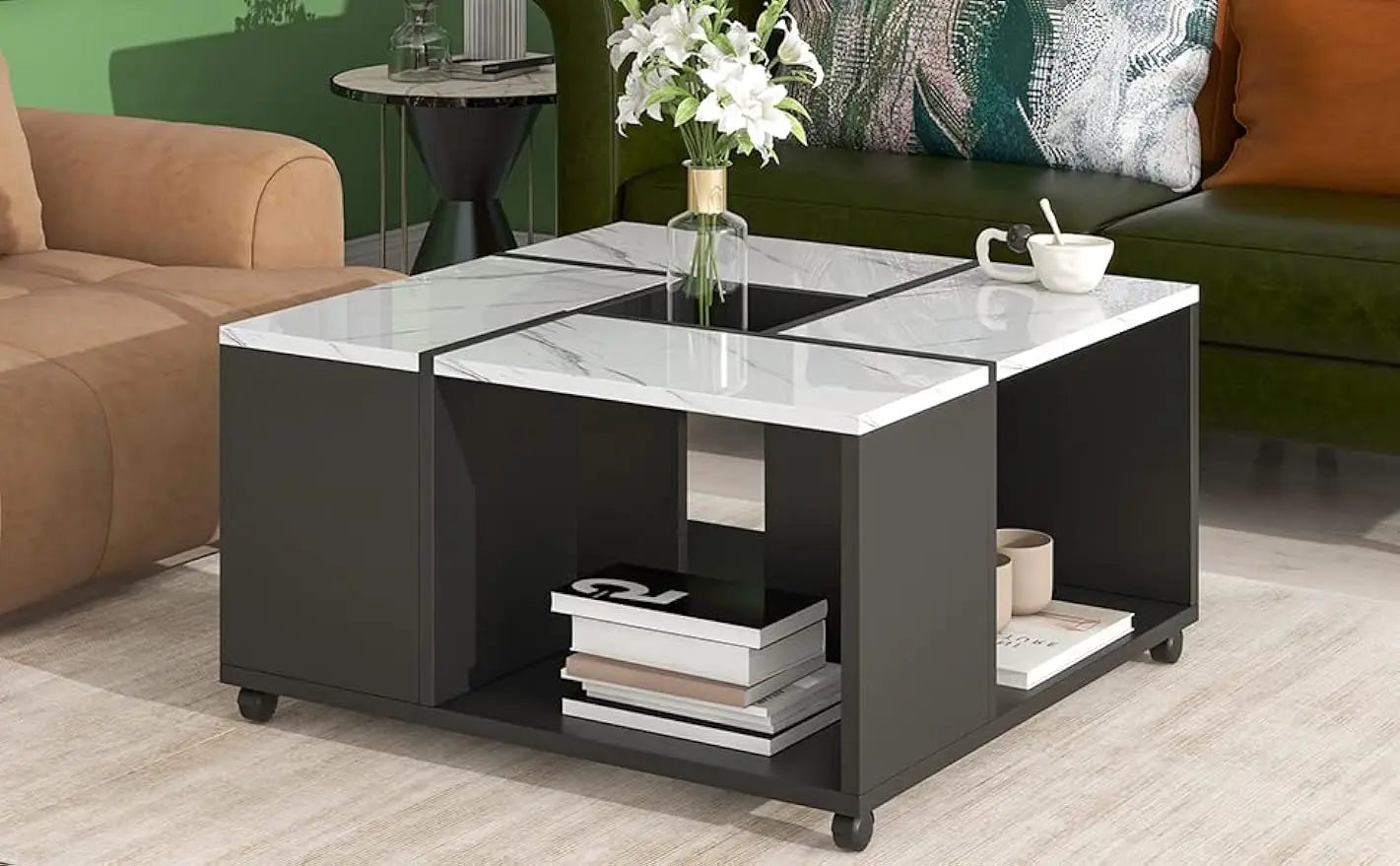 Modern Square Coffee Table with Removable Tray, Marble Top