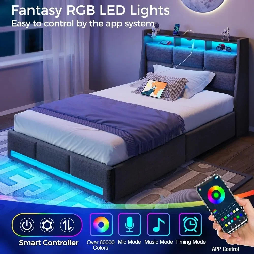 Twin Bed Frame with LED Lights and Charging Station