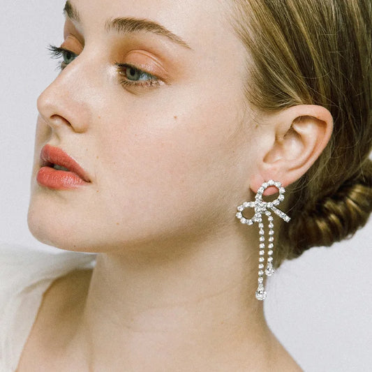 Exquisite Rhinestone Bow Drop Tassel Earring