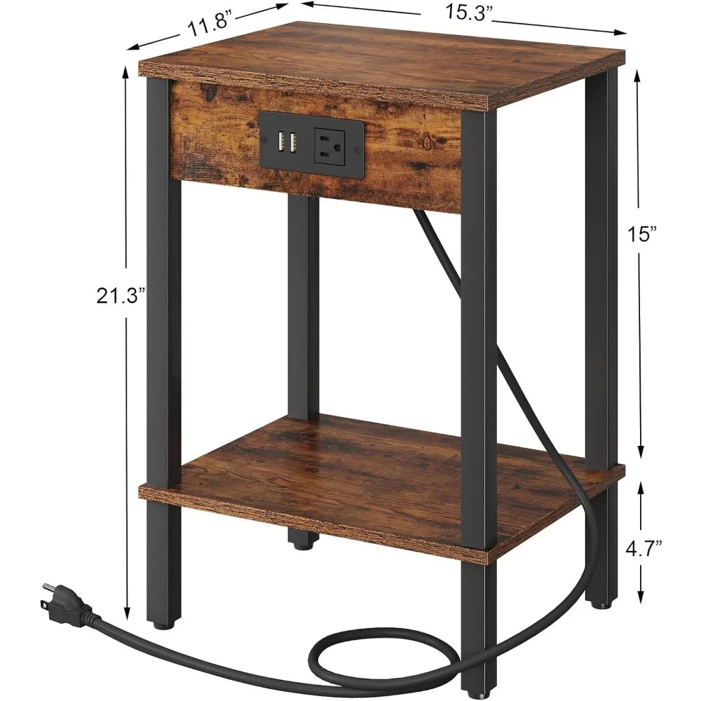 Set of 2 Narrow End Table with Charging Station