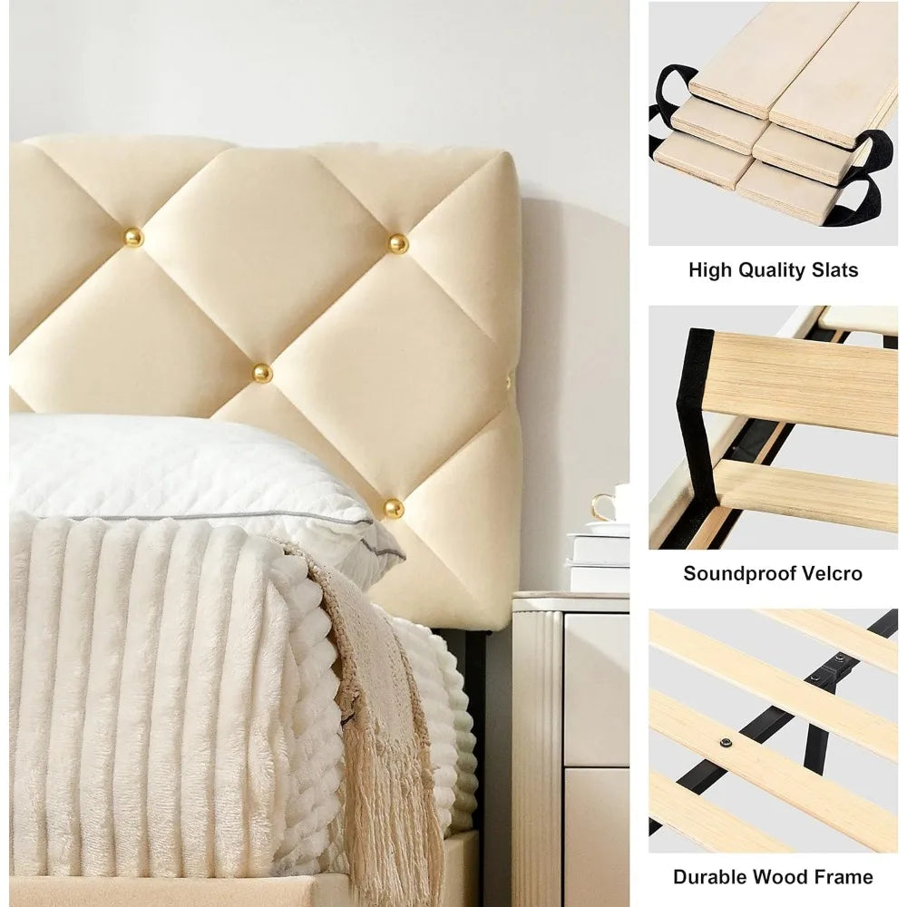 Full-size Bed Frame, Velvet Upholstered Headboard and Wood Slats