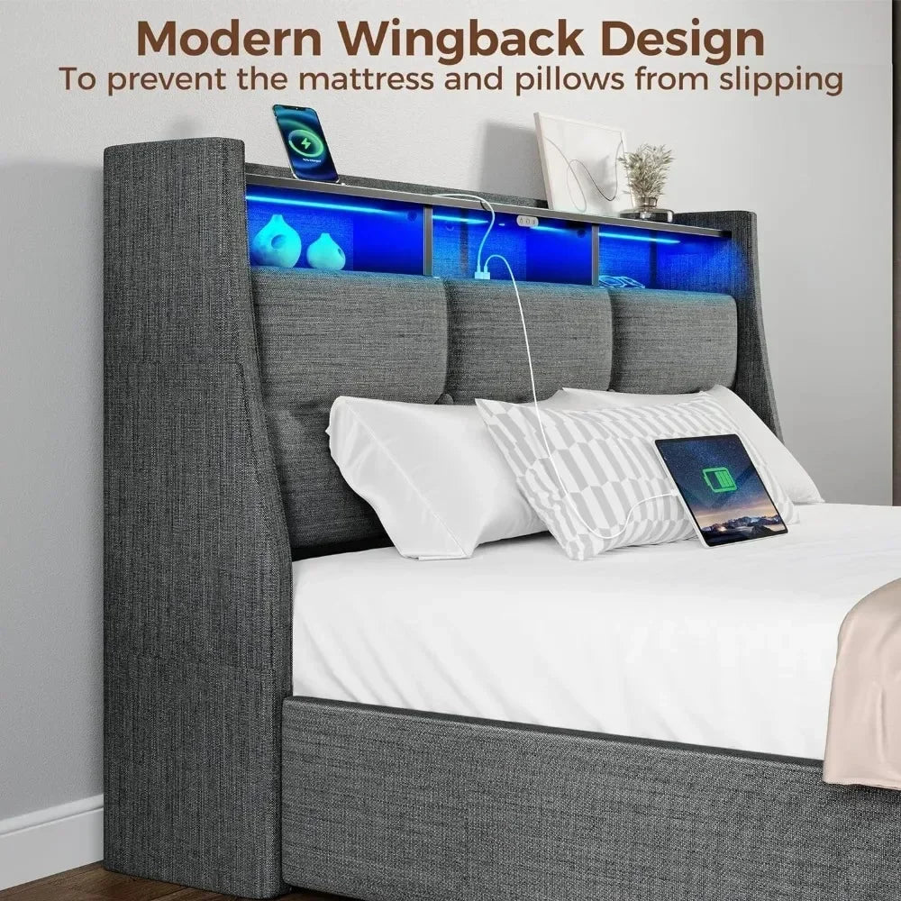 Twin Bed Frame with LED Lights and Charging Station