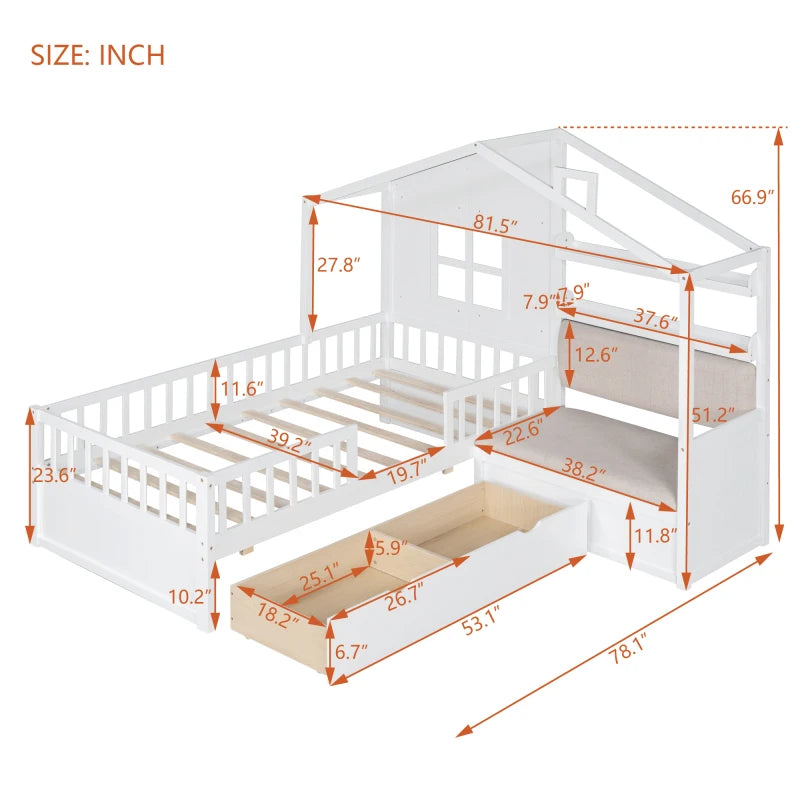 Twin House Bed with Sofa, Two Storage Drawers