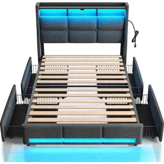 Twin Bed Frame with LED Lights and Charging Station