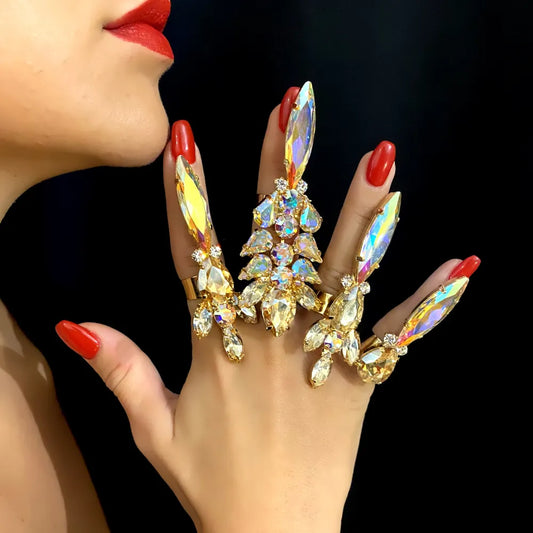 4-Pcs Crystal Rings Finger Decoration Set, Adjustable Jewelry