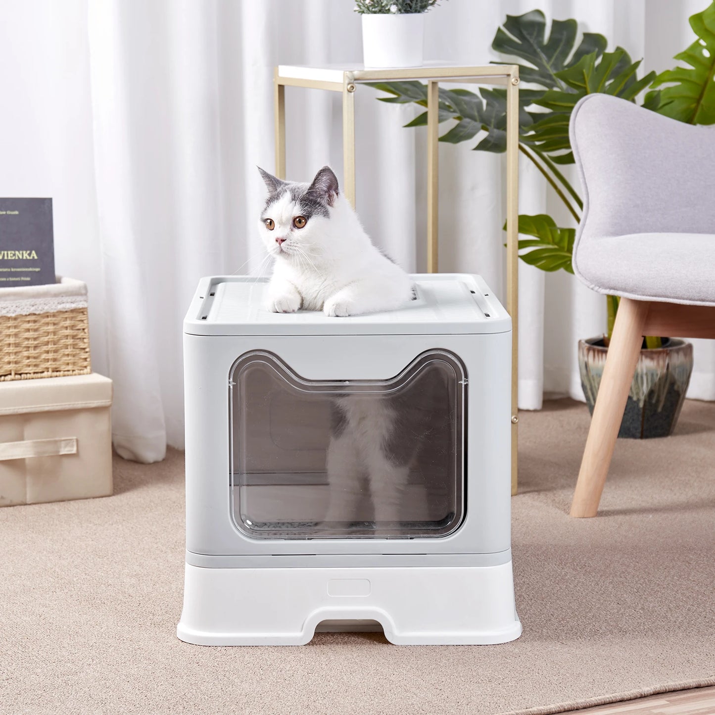 Foldable Front Entry Cat Litter Box with Tray