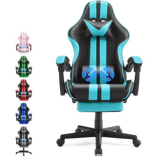 Massage Racing Chair for Gaming, with Retractable Footrest