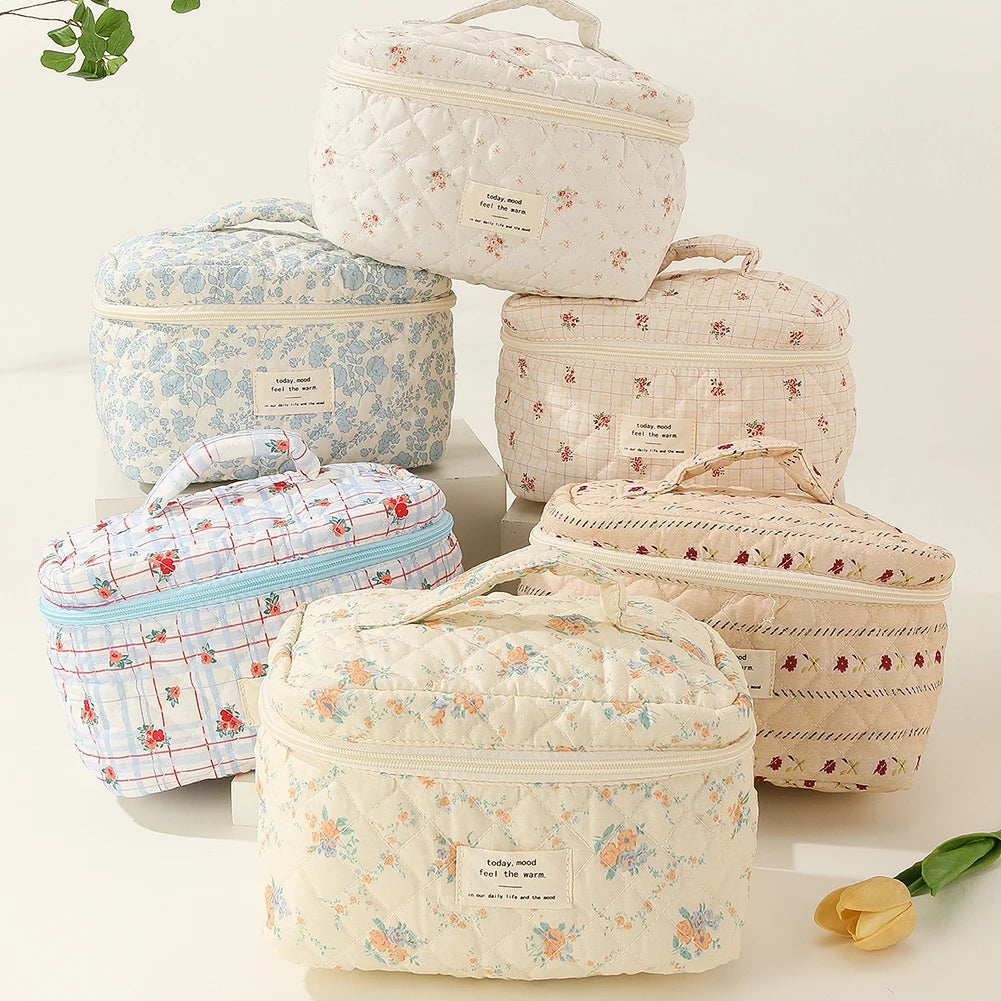 Large Capacity Quilted Cotton Toiletry Organizer/Cosmetic Pouch