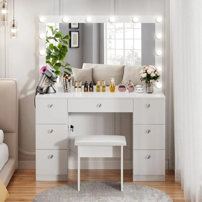 44" Vanity, Lighted Mirror - 7 Drawers and Power Outlet