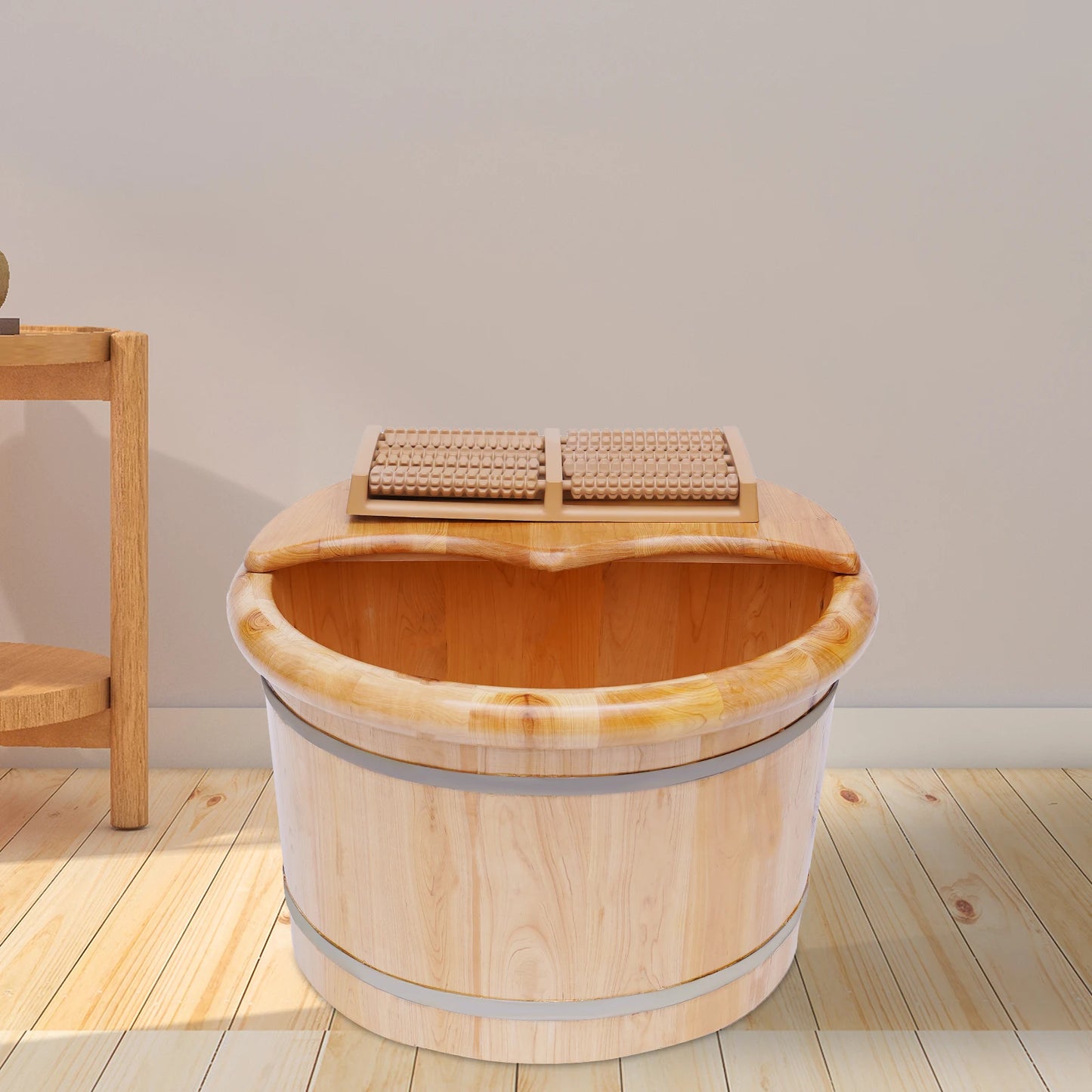 Portable Wooden Foot Bath With Cover And Plate Massager