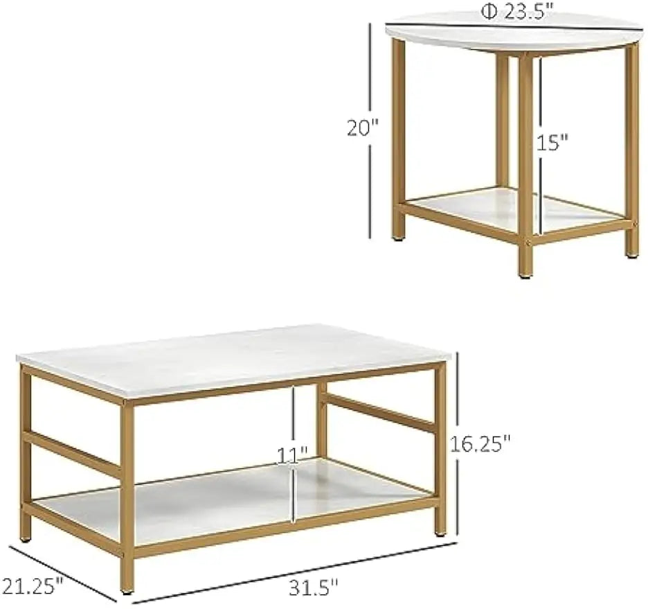 Coffee Tables Set of 2, Rectangle and Round with Steel Frame
