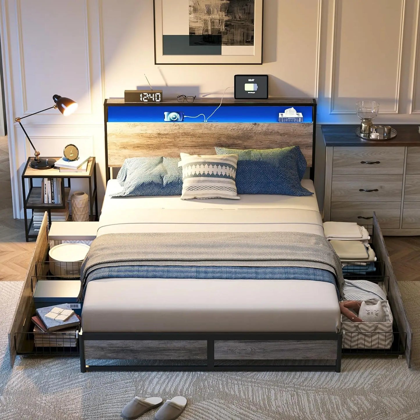 Full-Size Bed Frame with 4-Drawers & Headboard with LED