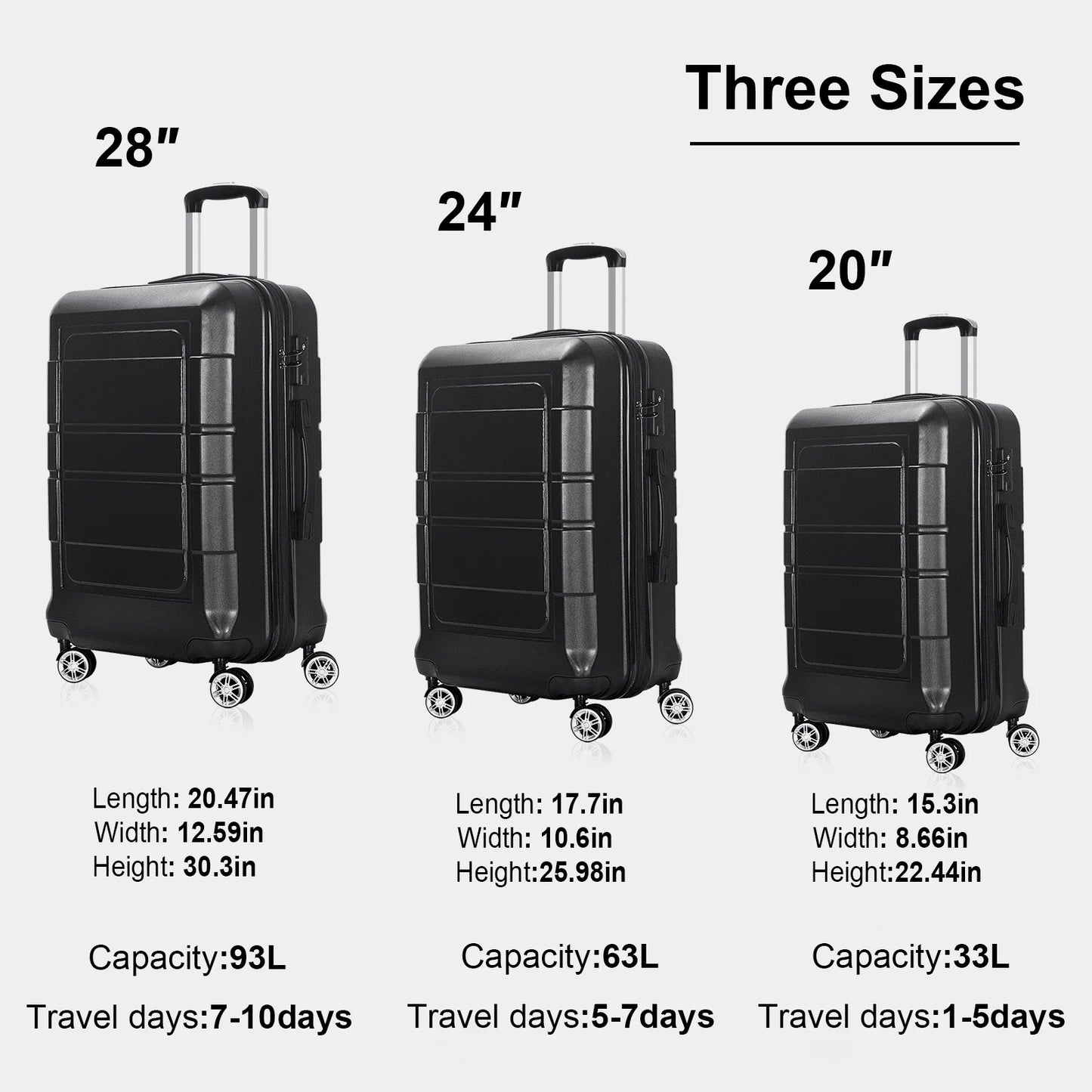 3 Pcs Hardside Luggage Set, with TSA Lock
