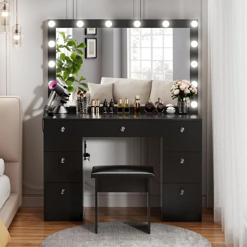 44" Vanity, Lighted Mirror - 7 Drawers and Power Outlet