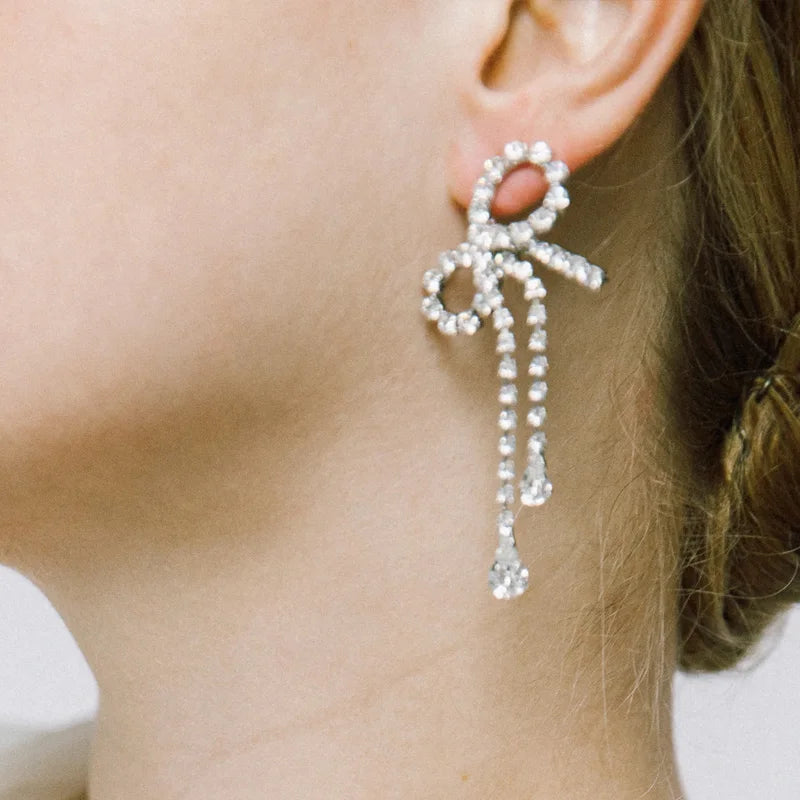 Exquisite Rhinestone Bow Drop Tassel Earring