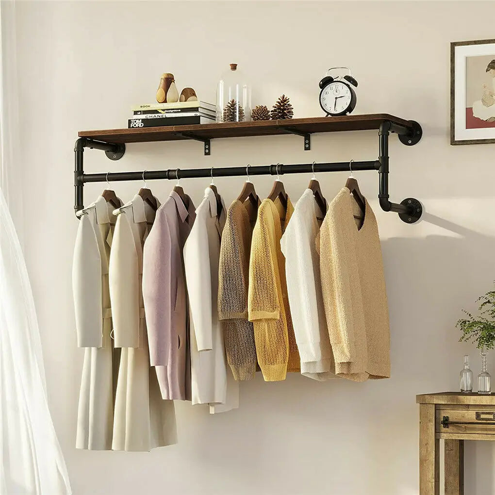 Wall Mounted Industrial Pipe Clothing Rack  With Shelf