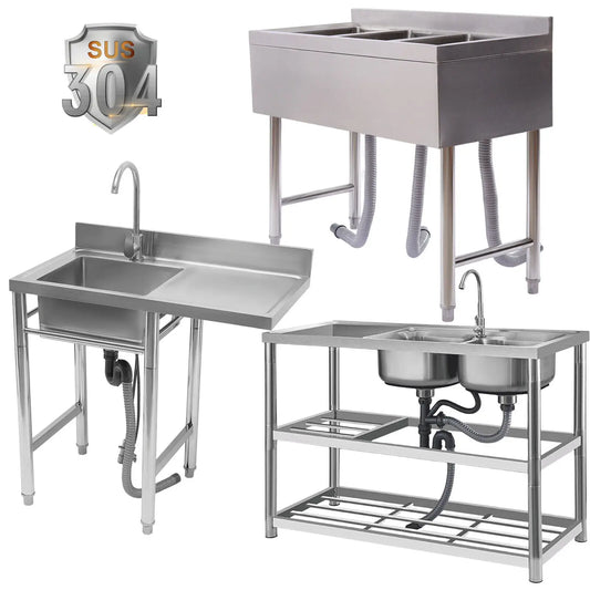 1/2/3 Compartment Stainless Steel Commercial Sink w/Standing Rack