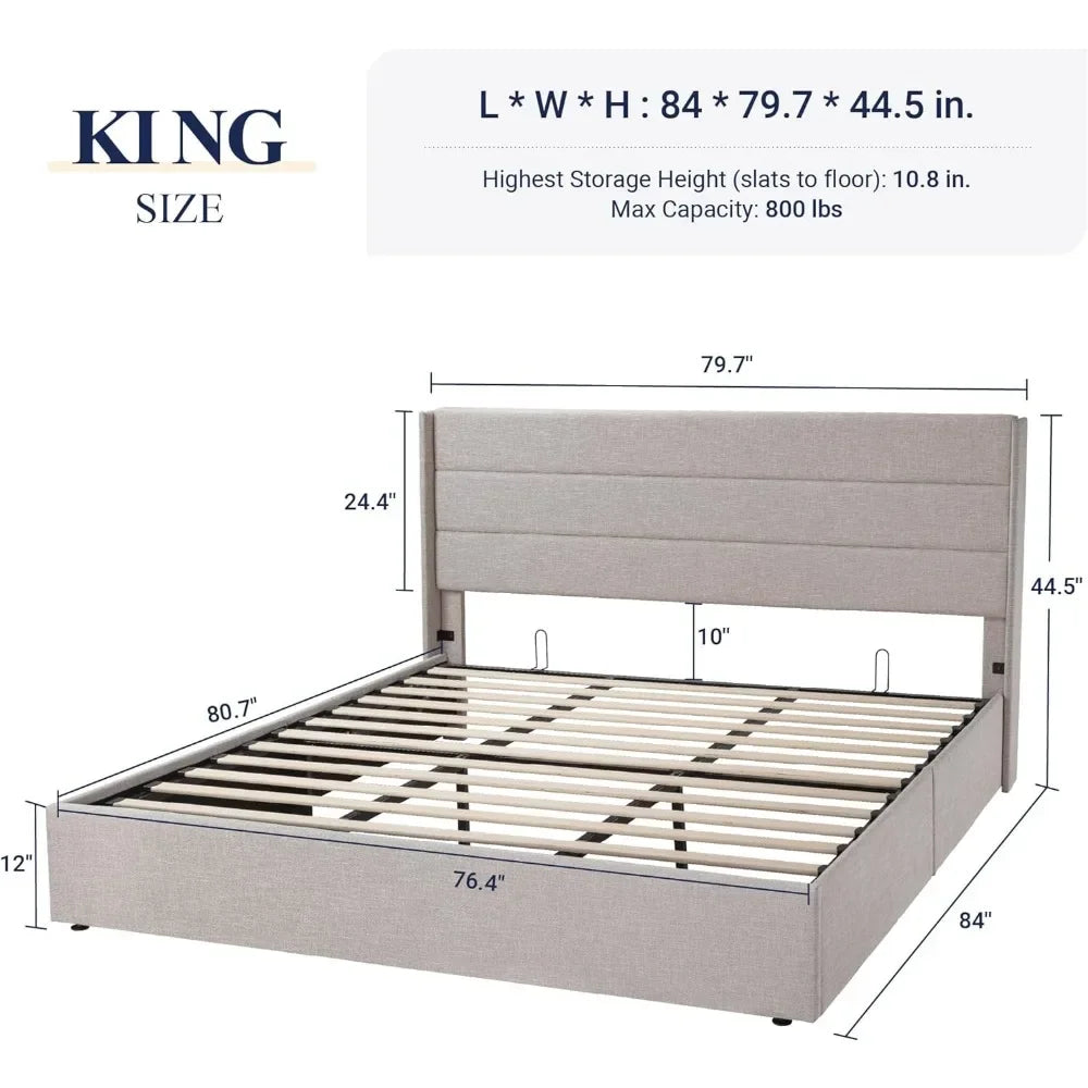 King Size Lift Up Storage Bed, Modern Wingback Headboard
