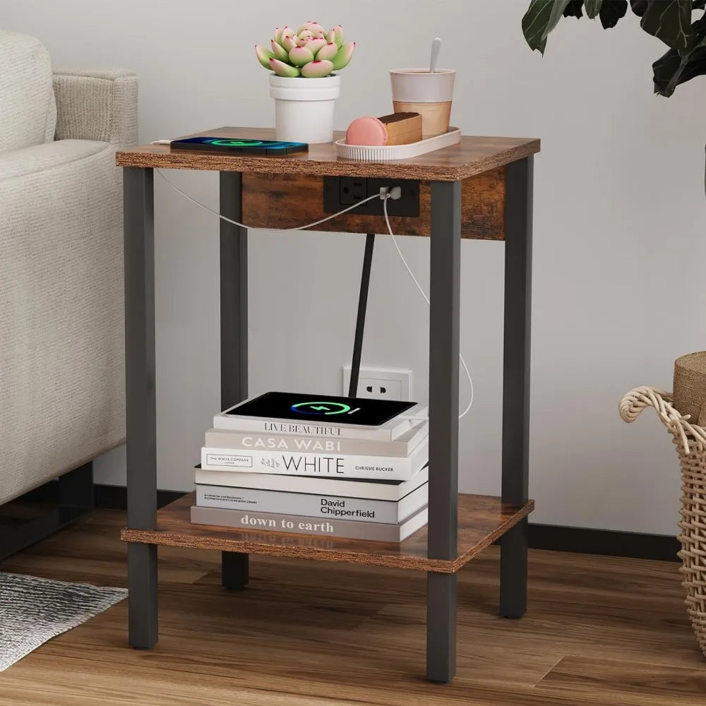 Set of 2 Narrow End Table with Charging Station