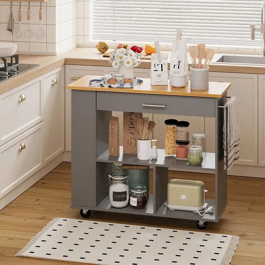Kitchen Island on Wheels with Large Work Countertop