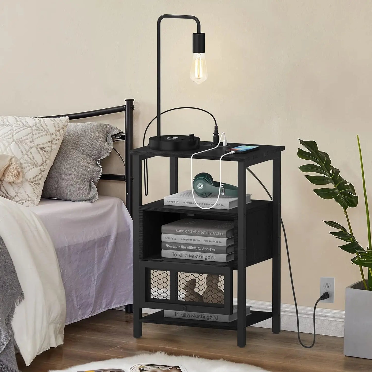 Nightstand w/USB Ports, Charging Station and Storage Drawer