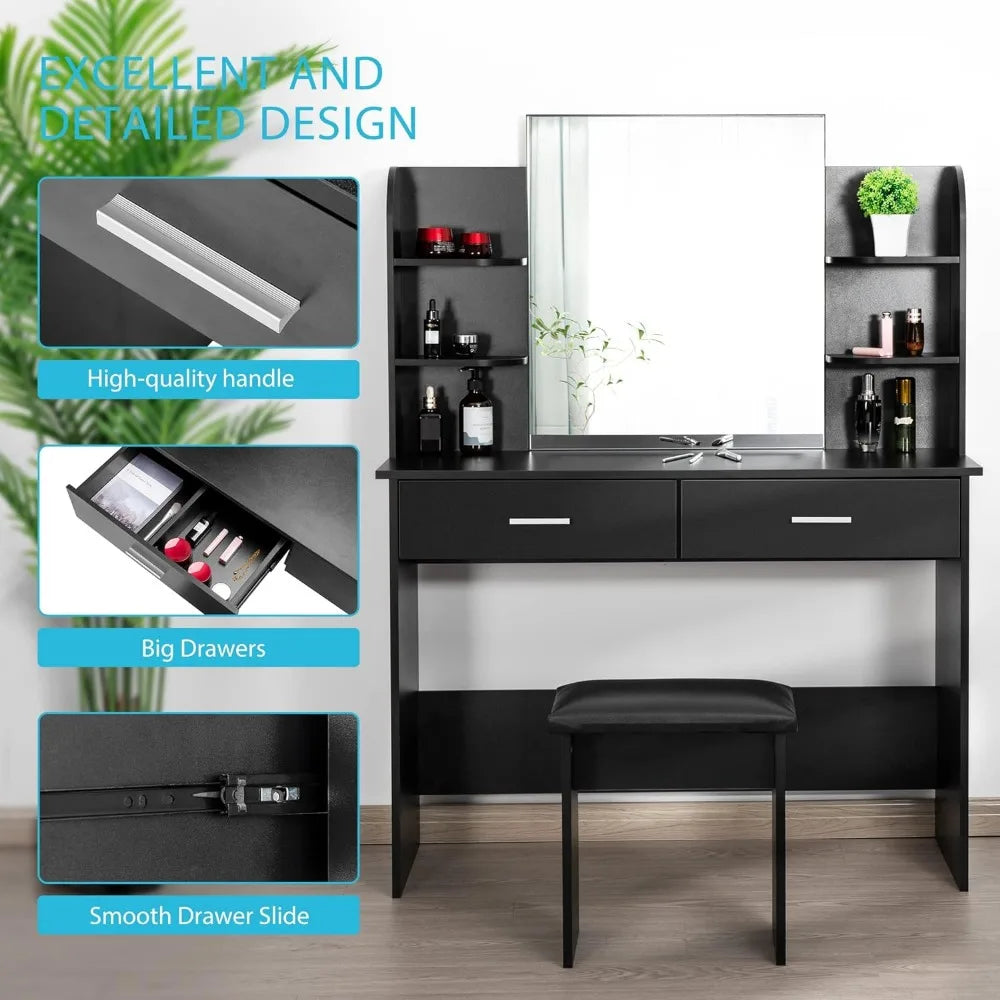 Makeup Vanity Table with Lighted Mirror, Cushioned Stool