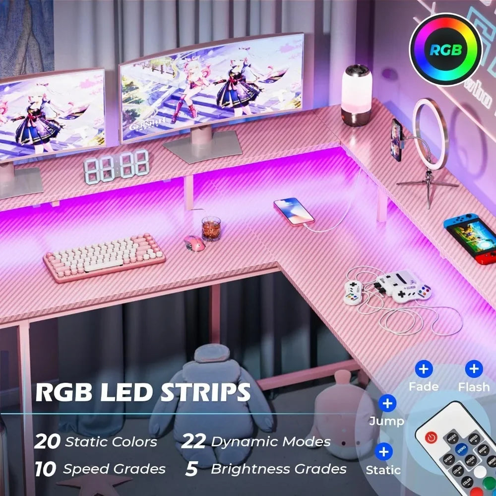 L-Shaped Desk with Power Outlets & LED Lights