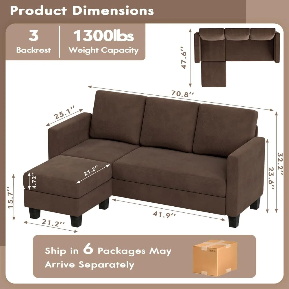 Convertible Sectional Small Sofa, L-Shaped Modern Linen Fabric