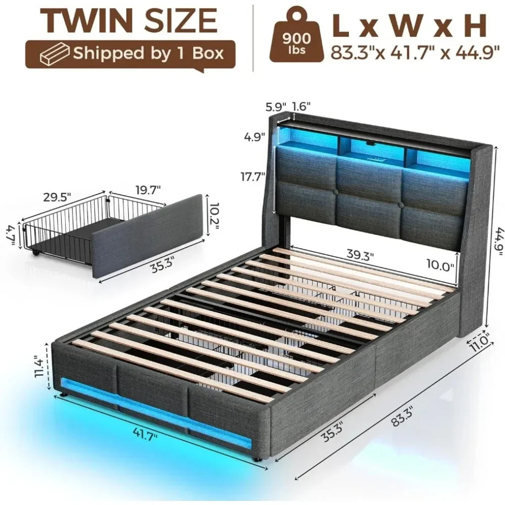 Twin Bed Frame with LED Lights and Charging Station